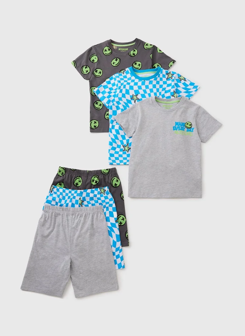 Matalan 3 Pack Boys Grey Checkerboard Face Top & Shorts Set